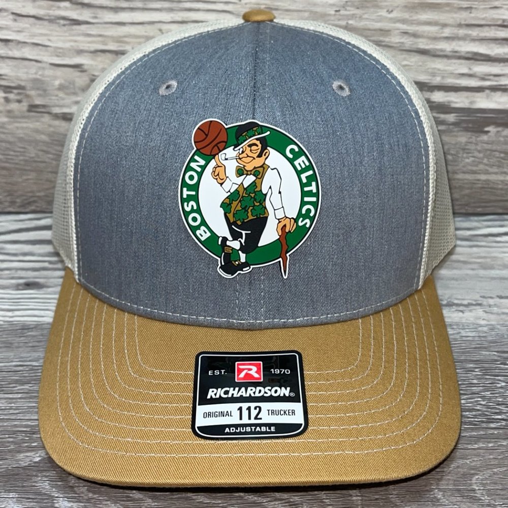Boston Celtics 3D Snapback Trucker Hat- Heather Grey/ Birch/ Amber Gold